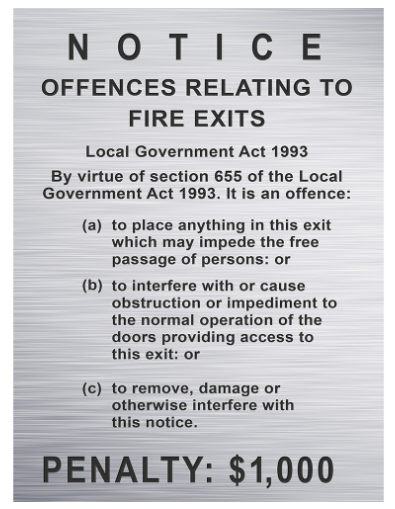 TRAFFOLYTE SIGN - OFFENCES FIRE EXITS - $1000   150 X 200