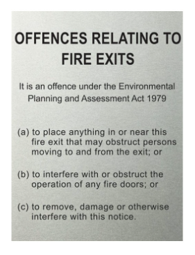 TRAFFOLYTE SIGN - OFFENCES FIRE EXITS   150 X 200