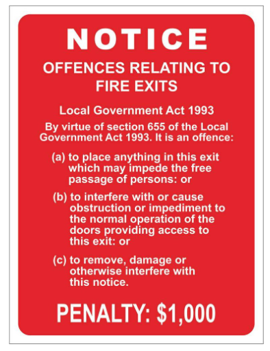 SIGN - OFFENCES TO FIRE EXITS PENALTY $1000 - 225 X 300MM - RED PLASTIC